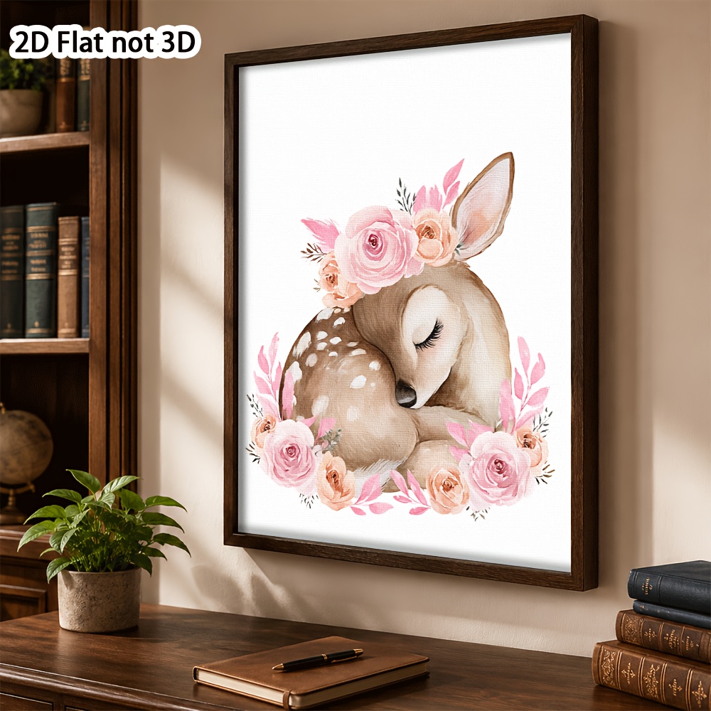 Cute Sleeping Deer and Pink Rose Frameless Poster, Nursery Decor
