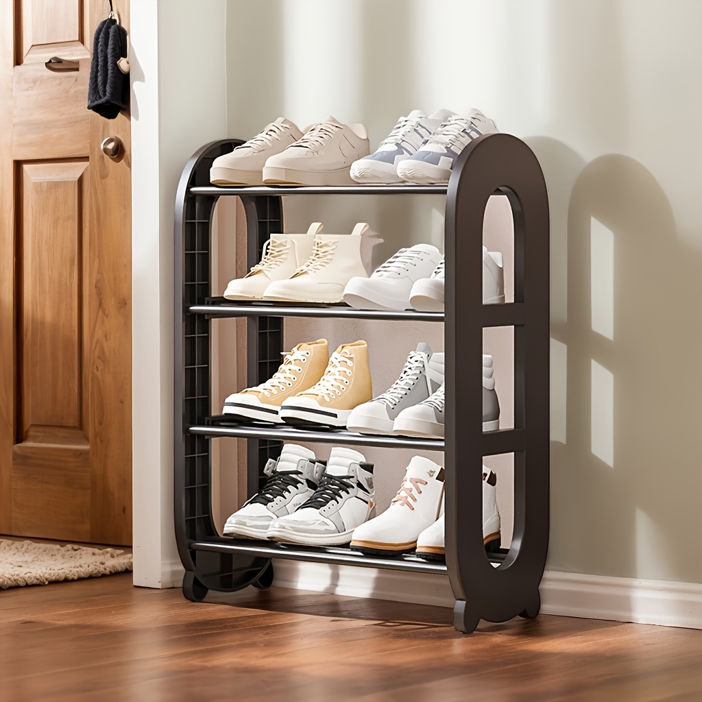 Image of 4-tier Modern Minimalist Shoe Rack - Durable Plastic And Golden Metal Frame, Space-saving Design, Suitable For Entryway And Small Spaces | Stylish Black And White Storage Box