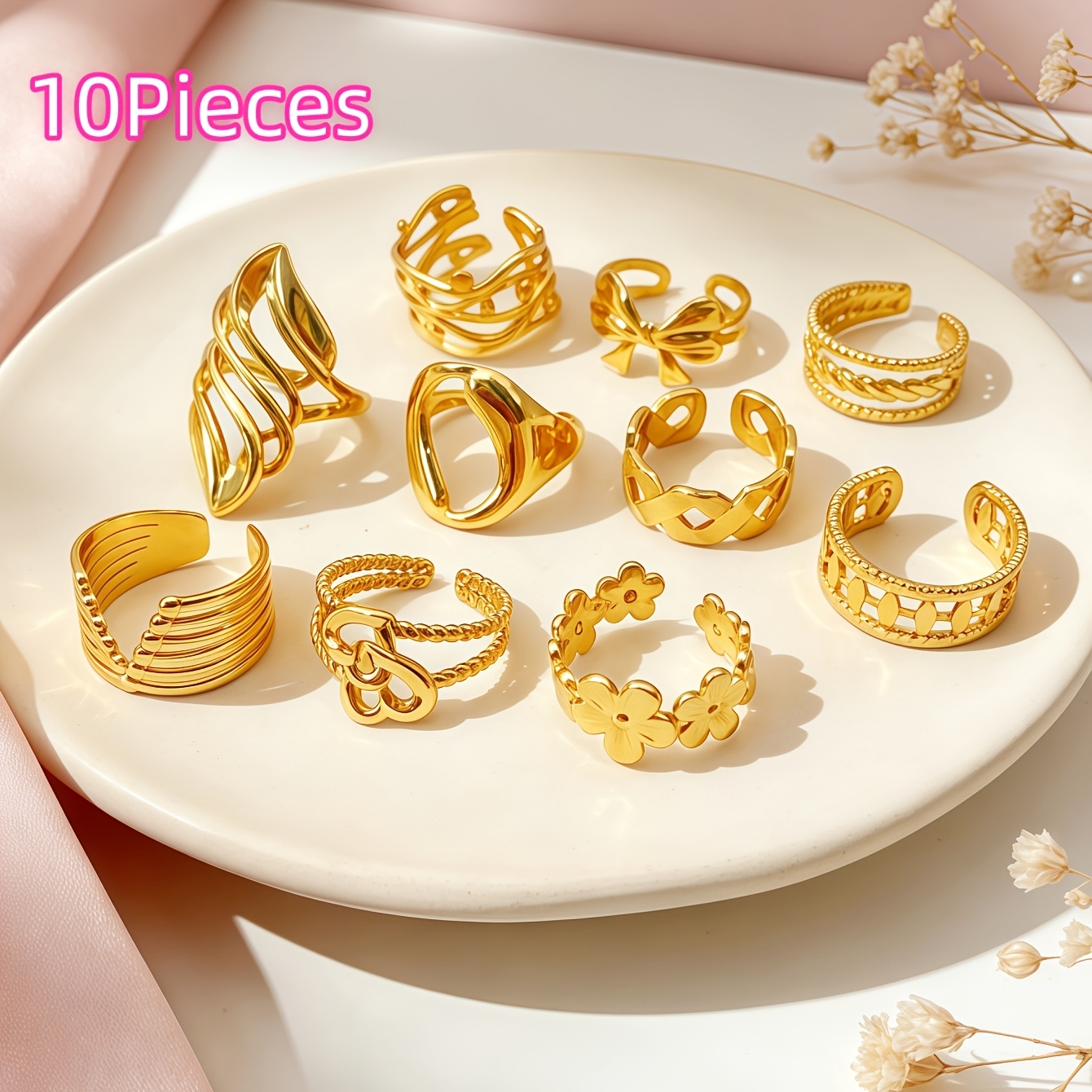 TEMU 10pcs Unisex Open Stainless Steel Ring Set Individual Trendy Floral Geometric Bow Party Gift Daily Jewelry Accessory