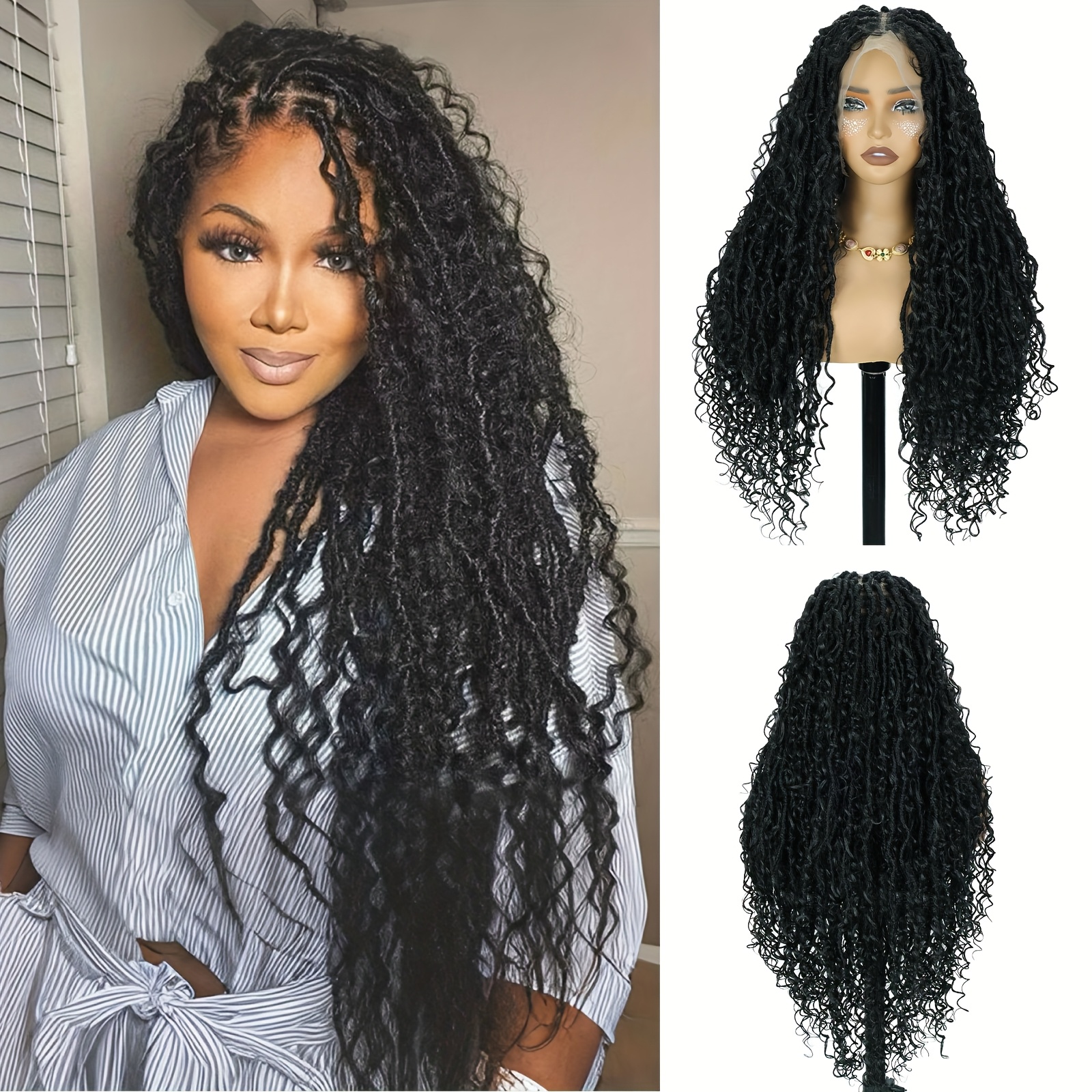 TEMU Locs Braided Wigs For Women Knotless Locs Braided Wig With Locs Wig Full Double Lace Front Braided Wigs With Curly Ends Square Knotless Braided