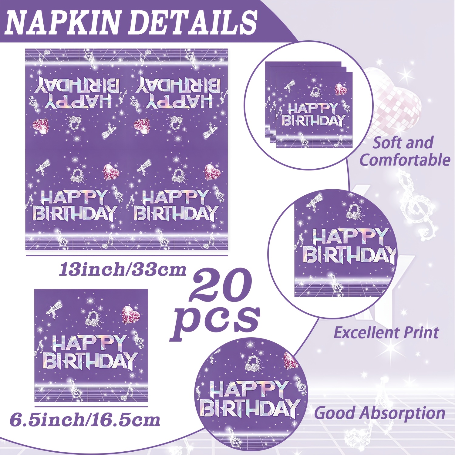 TEMU Shiny Purple Musical Note Microphone Birthday Theme Party Napkins, Dinner Napkins, Lunch Napkins, Suitable For Gatherings, , Birthday Parties,
