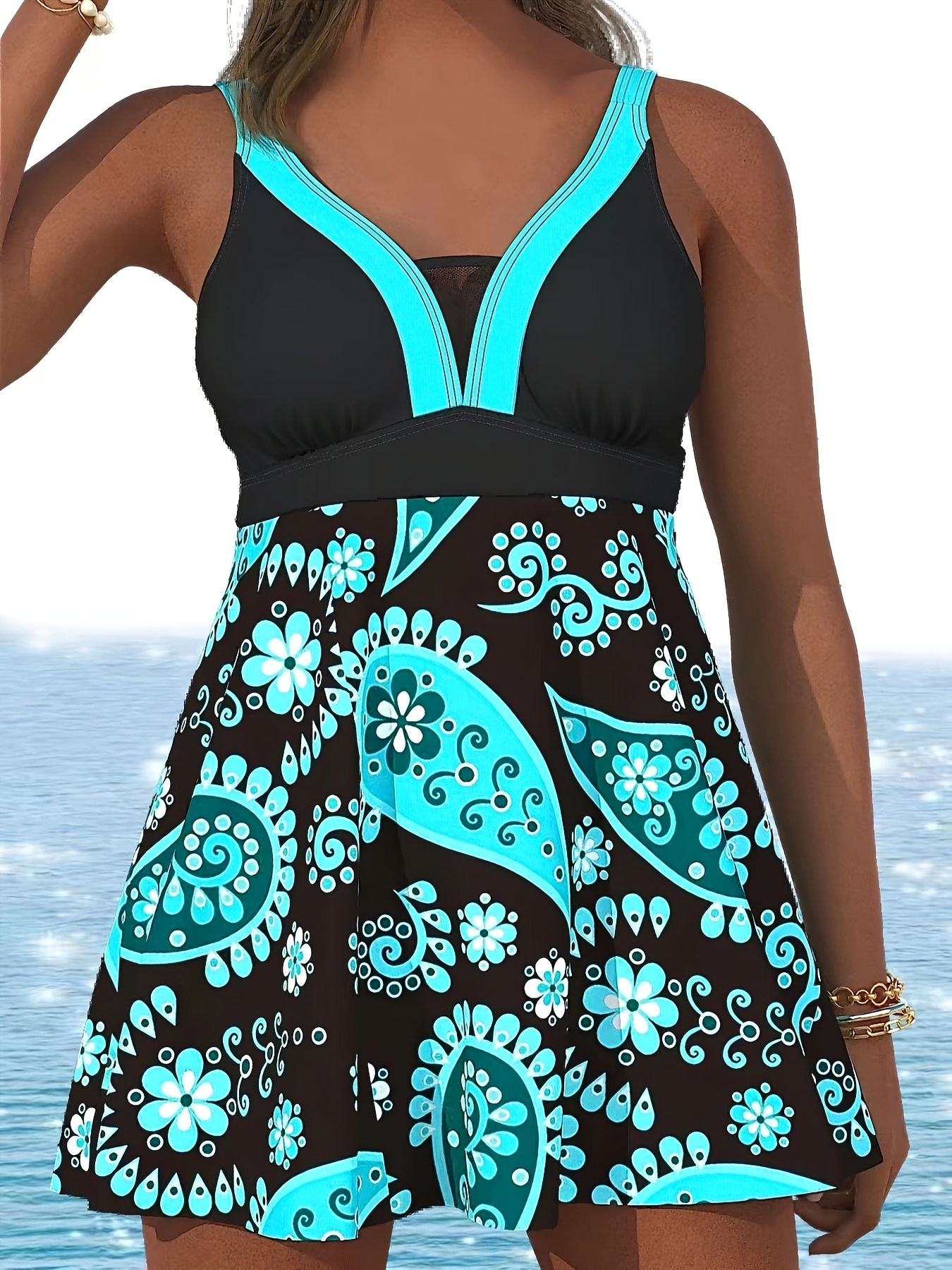 womens plus size tankini swimsuit skirted tummy control swim dress elegant paisley print adjustable straps beachwear