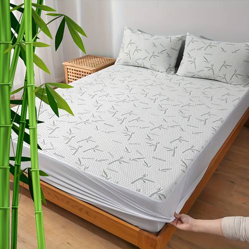 imagen del artículo juego de 3 piezas de sábanas ajustadas de fibra de bambú, refrescantes y ultra , protector de colchón transpirable con bolsillo profundo (1 sábana ajustada + 2 fundas de almohada con cremallera, sin relleno)