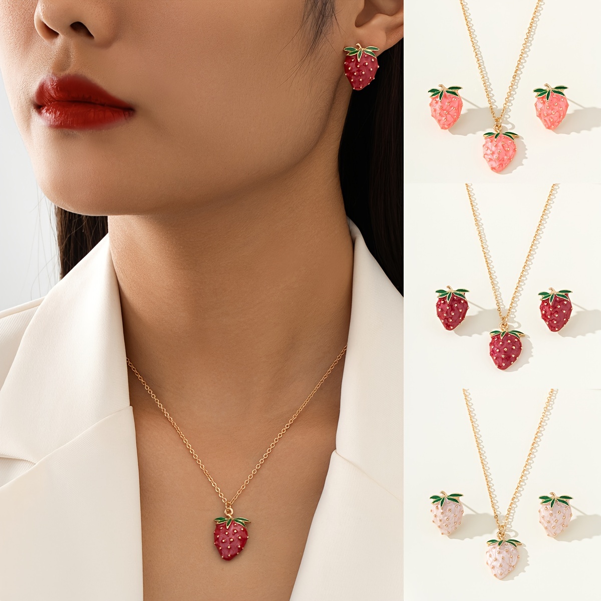 

1 Set Chic Cute Enamel Glazed Strawberry Pendant Necklace And Stud Earrings, Pastoral Style Fashion Jewelry For Women