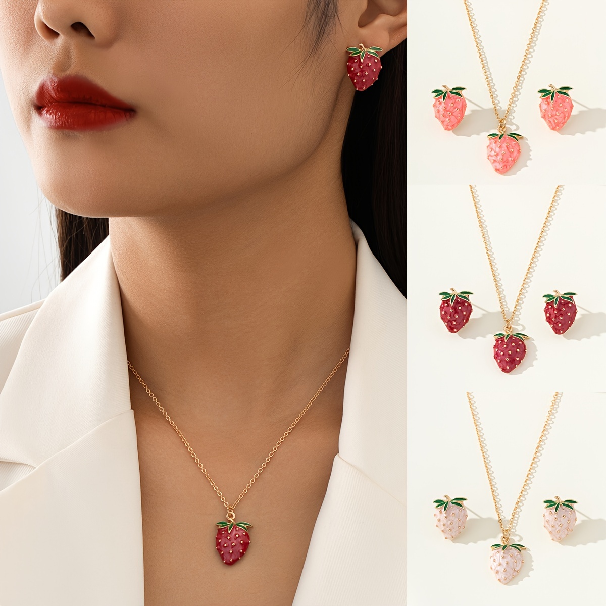 Fruit Glaze Strawberry Women's Necklace Earrings Set