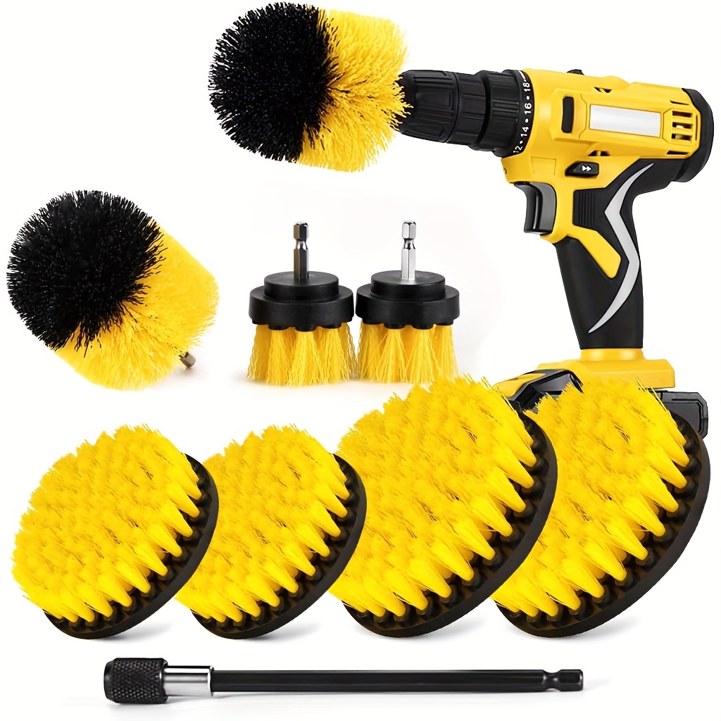 9pcs drill brush attachment set versatile electric cleaning kit with extension for bathroom kitchen   grout bathtubs showers tiles cars durable plastic yellow Product details 0