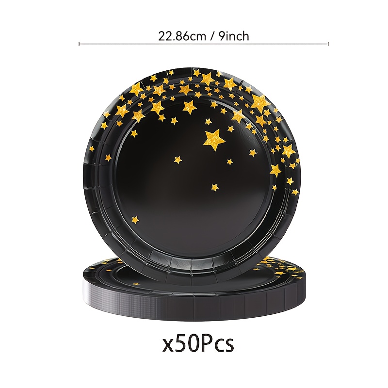 Image of 10/20/50pcs Black Golden Starry Party Plates - 17.78cm Venus Cake Plate And 22.86cm Dinner Plate With 3d Texture, Food-grade Thickened Oil-proof Halloween Christmas Thanksgiving