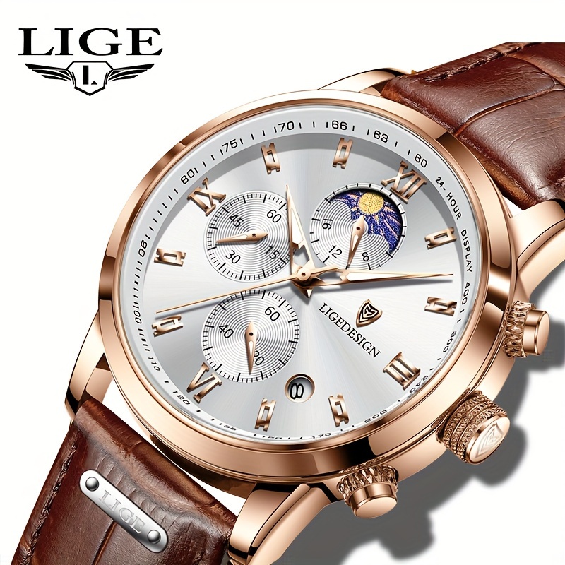 

Lige Men's Watch With Leather Strap. Outdoor Sports Waterproof Watches. Chronograph Luminous Calendar Quartzwatches. Suitable As A Christmas Gift.