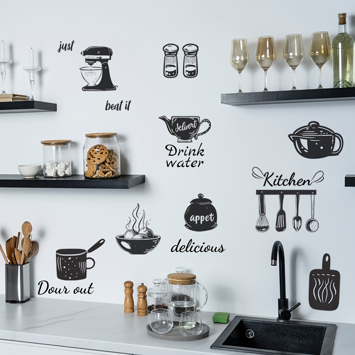 Image of Self-adhesive Black And White Kitchen Wall Stickers With French Country Cooking Phrases And Kitchen Utensil - Vinyl Semi-matte End, Irregular Shape, Easy To Peel And Stick On Tiles, Refrigerators