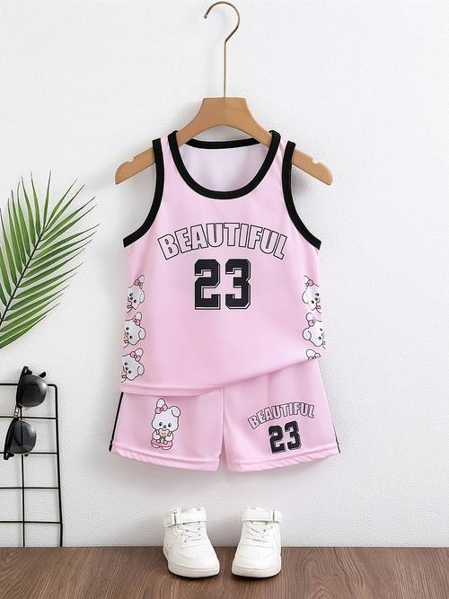 girls summer basketball outfit set featuring a sleeveless top with 23 and a pair of shorts designed with a cute bear pattern and made from quick dry fabric for everyday casual sports wear for outdoor