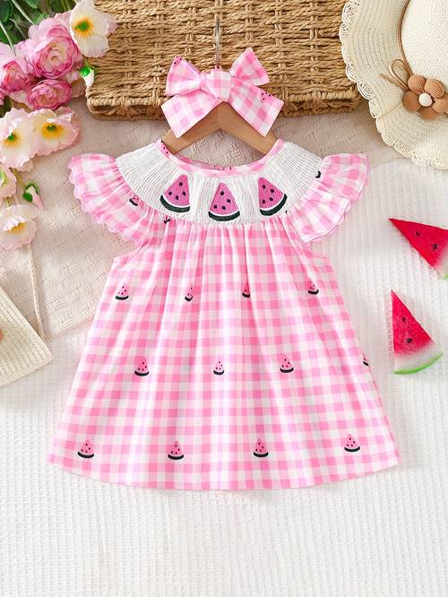 targeted development of a new watermelon embroidered dress for baby girls featuring a sleeveless plaid full printed cute dress and headband set in summer