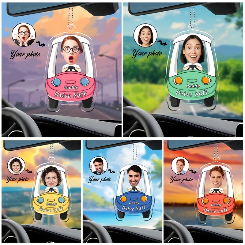 

1pc Customized Acrylic Car Hanger - Personalized Photo Safety Message, Vibrant Designs In Pink/red/green/blue/yellow - Unique Father's Day Gift, Car Hanging Decorations