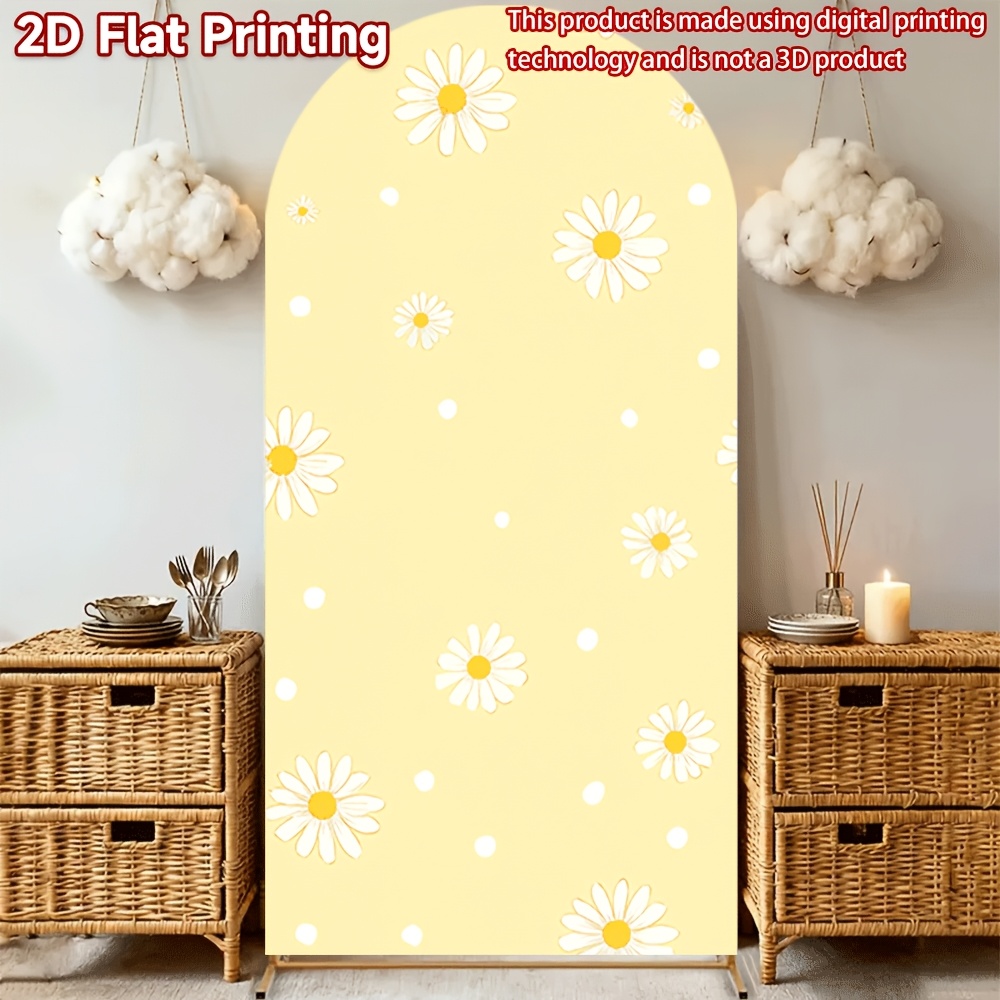 TEMU Photography Backdrop 1pc 2d Flat White And Yellow Daisy Arch With Black Border - Elegant Wedding Arch Cover, Birthday Backdrop, Garden Party