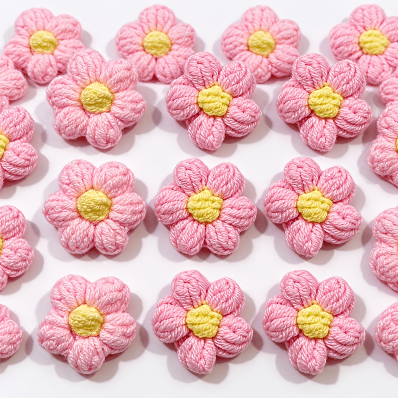 TEMU 21pcs Hand Crochet Flower Appliques, Pink Yarn Small Flowers With Yellow Center, Diy Craft Embellishments For Hair Clips, Brooches, Gift