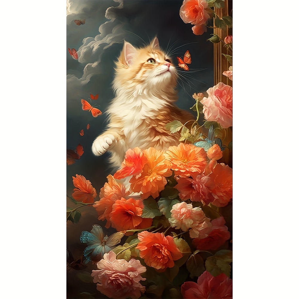 

1pc Large Size 30x50cm/11.8x19.7inch Without Frame Cat And Flowers, Diamond Art Painting Kit 5d Diamond Art Set Painting With Diamond Gems, Arts And Crafts For Home Wall Decor