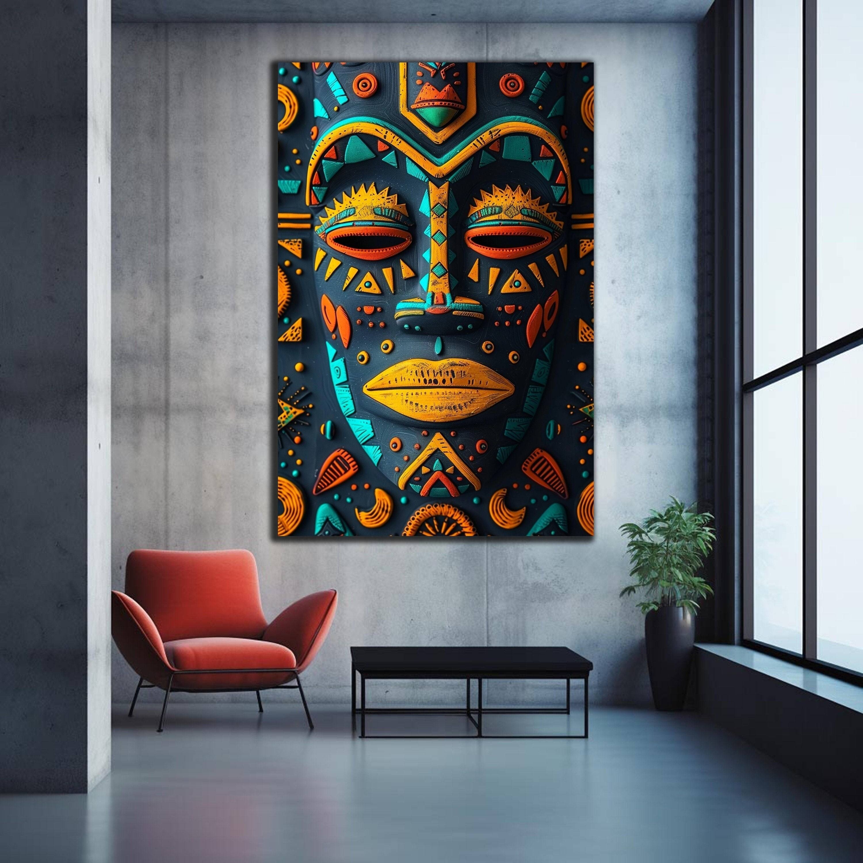 

Modern African Tribal Masks Canvas Art Print, 31.5x47.2in - Wall Decor For Living Room & Bedroom, Vibrant Abstract Artwork Poster