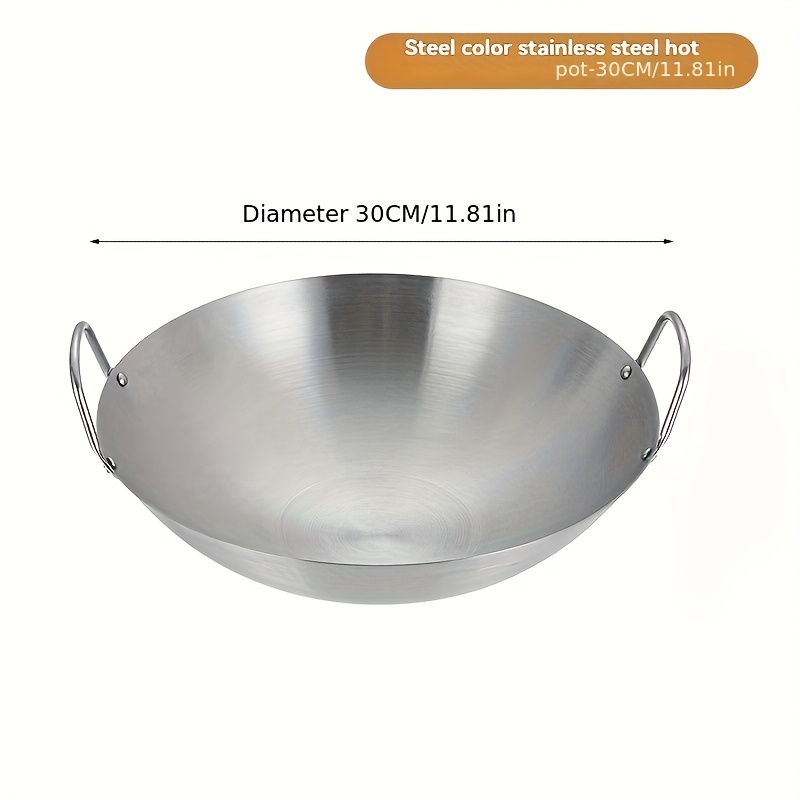 Image of Zgv 1pc 30cm Large Stainless Steel Wok With Double Handles, Thickened, High-quality, Durable Cookware. Suitable For Commercial And , Easy To Clean, And Ideal For Stir-frying, Kitchens
