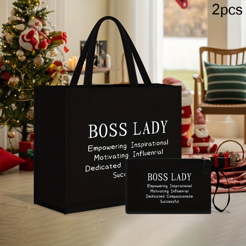 

Boss Lady 2pcs Set: Chic, Lightweight Tote & Matching Makeup Bag - Water-resistant, Easy-clean Fabric With Multiple Pockets For Shopping, Travel, Beach