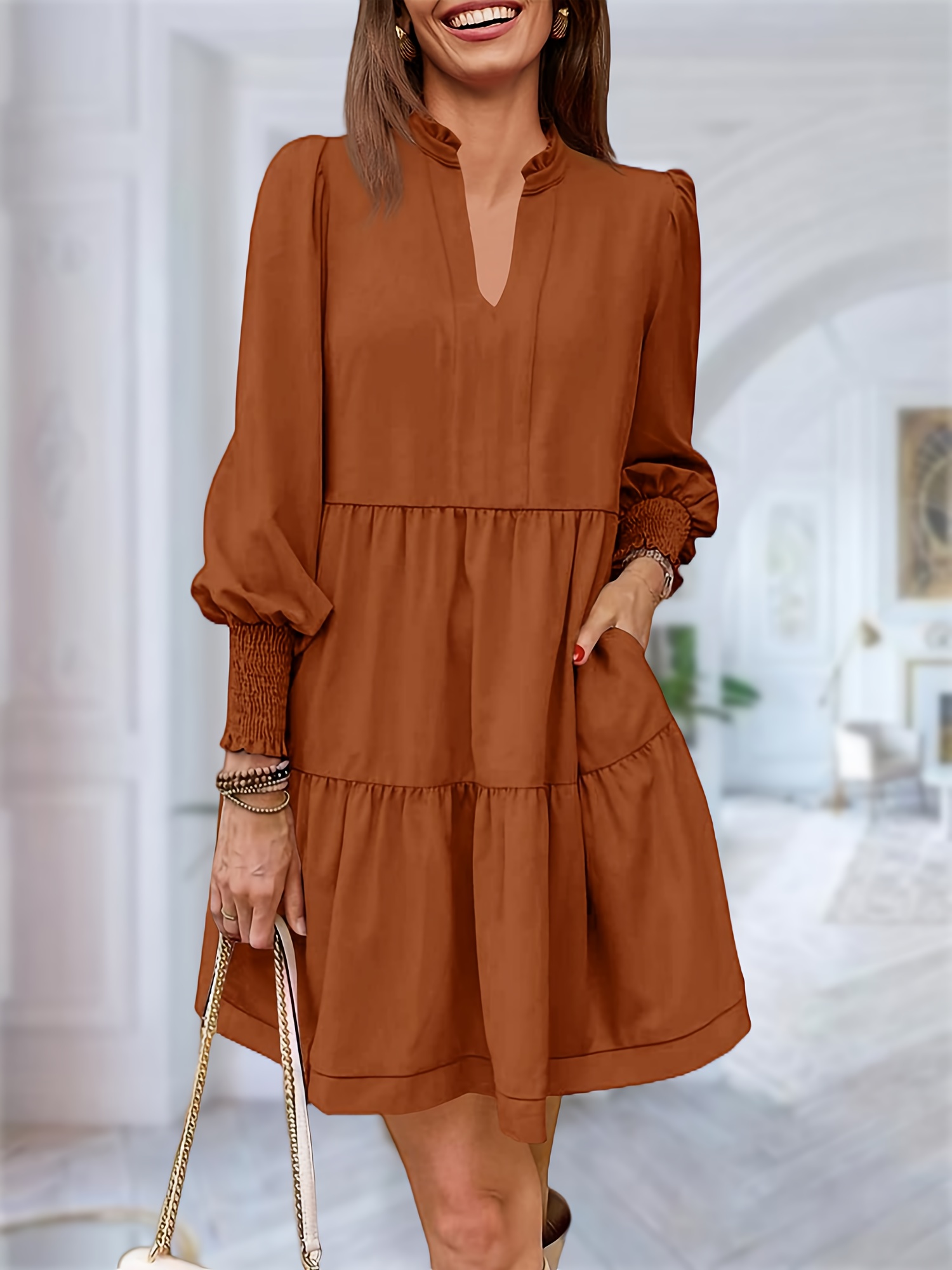womens fall ruffle tunic dress long sleeve v neck loose Temu