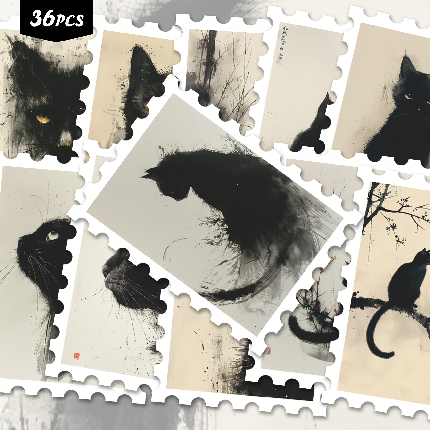 Image of 36pcs Chinese Ink Cat For Trendy Stickers Pack | Stylish Vinyl Decals With Monochrome Feline Graphics | For Phone, Luggage And Decor | For Trend Fans And Artistic Vibe Enthusiasts