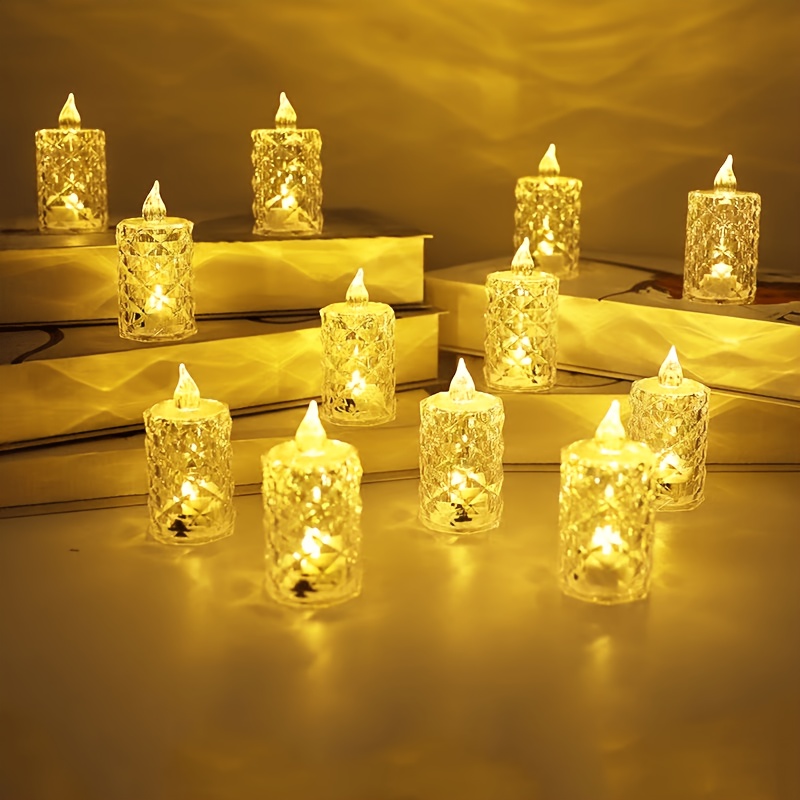 Image of 12pcs Flameless Led Electronic Candles With Crystal-like - Battery-powered Tealight Wish Candles, Warm Flame Effect, Plug-free Safe Indoor Use For Parties, Christmas, Mid-season Decor (durable Plastic