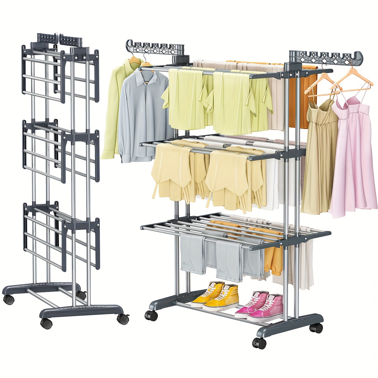 TEMU Heavy-duty Stainless Steel 4-tier Foldable Clothes Drying Rack With Wheels - Large Capacity Space-saving Clothes Airer, Adjustable Shelves &