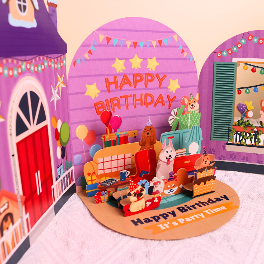 Image of 1pc Happy Birthday Greeting Card, Dogs Lover, Dog's Party, Birthday Party Supply, Birthday Gift, With Message Card And Envelope, Party Invitation Card