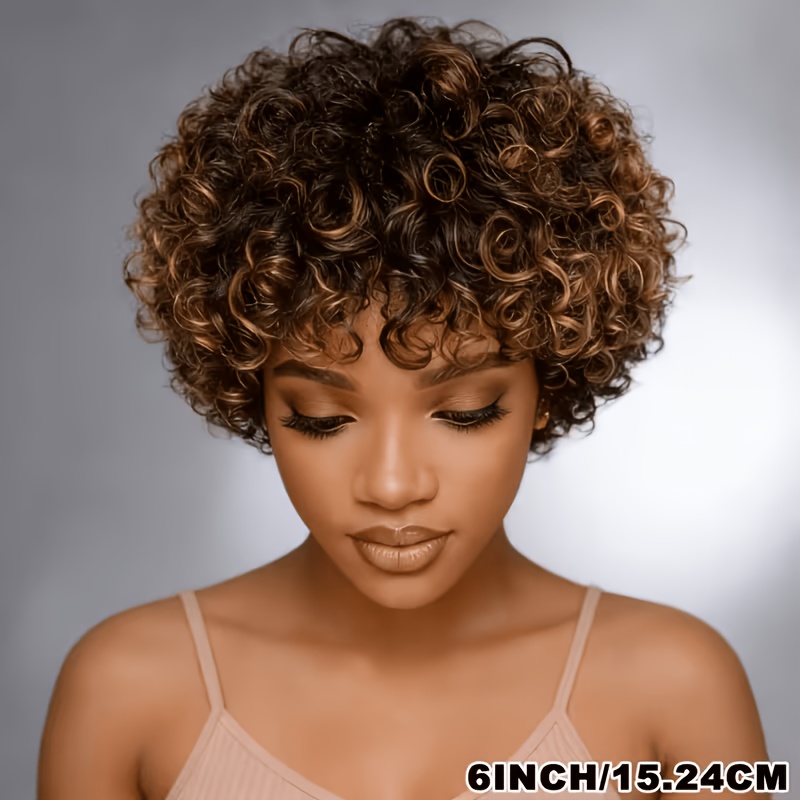 TEMU Perruques courtes bouclées en cheveux humains pour femmes, Afro colle, perruque bouclée naturelle brésilienne 4/27 couleurs, perruque coupe avec