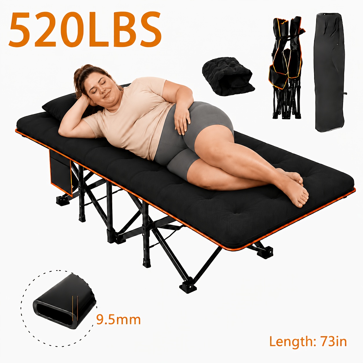 TEMU 77/75/73-inch Heavy Duty Folding Camping Cot For Adults, With Mattress & Side Pocket Or Cot , 520/620/720 Lbs Portable Guest Bed, Easy To Fold