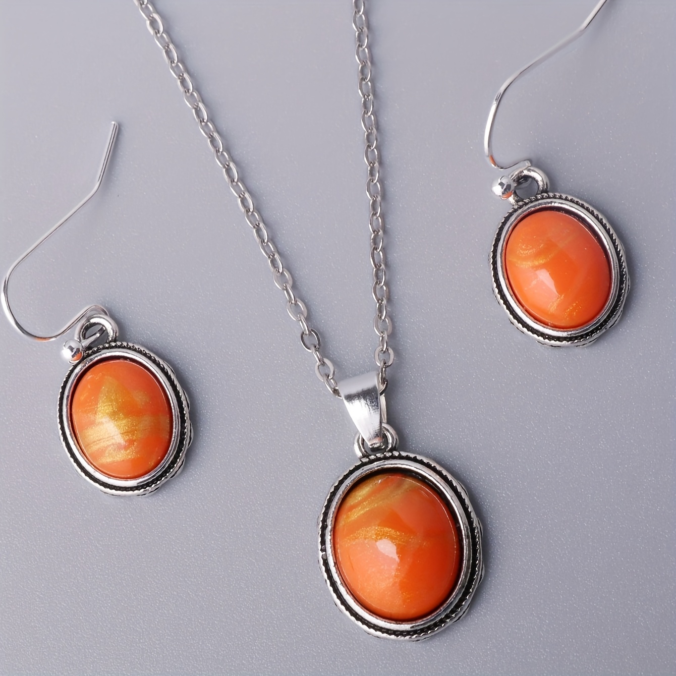 TEMU Orange Necklace Earrings 3 Piece Set, Women's Orange Jewelry Set