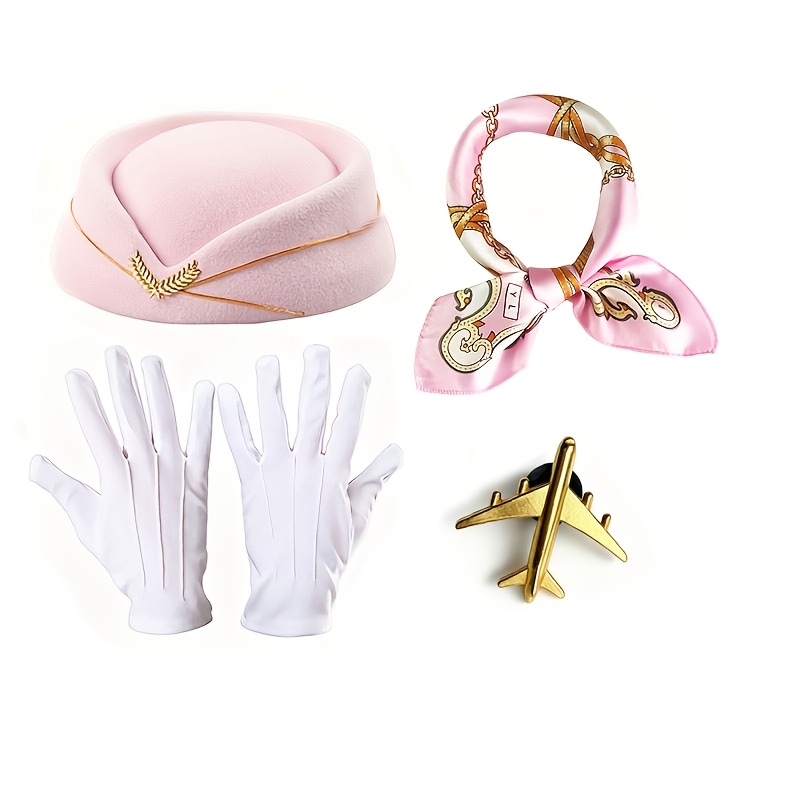 TEMU 4pcs Uniform Additions Set, Including A Pink Hat, Square Scarf, White Gloves, And A Small Airplane Brooch, Suitable For Halloween, Cosplay, And