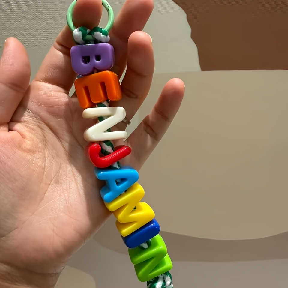TEMU 2d Flat, 1pc Handmade Braided Rope Keychain With Colorful Acrylic Letter Beads, Cute Flower Keyring, Minimalist Style Bag Charm, Custom Name,