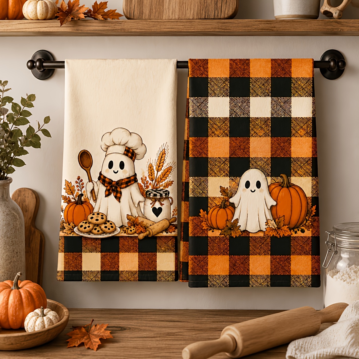 TEMU 2pcs Set Autumn Pumpkin Chef, Design Retro Farmhouse Style Dish Towel For Washing And Decorating, Fade-resistant And Washable With Clear And