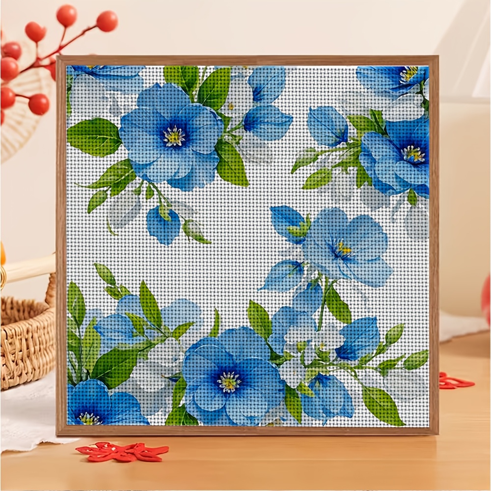 DIY Cross-Stitch Printed Kit, Unframed, "Blue and White Floral with Green Leaves" Pattern