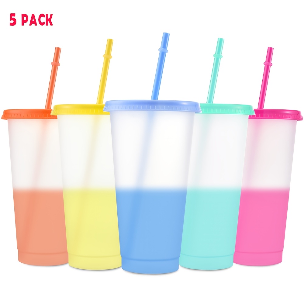 TEMU 5pcs/24oz/710ml/plastic Tumblers, Color-changing Cups With Lids And Straws, Iced Cups, Elegant Christmas Celebration Gift For Family For Holiday