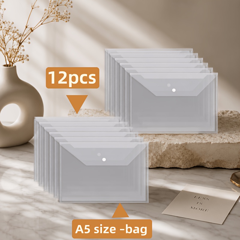 TEMU 12pcs Durable A5 (. 22x17cm) File Bag | Pp Plastic Envelope With Snap Closure – Ideal For Organizing And Categorizing Office Documents And