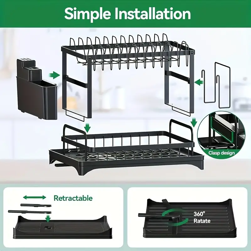 2 tier carbon steel dish rack with utensil holder cup hooks space saving double layer design for kitchen counter organization black white no electricity required dish drying rack sleek black durable kitchen rack dish drying rack Product details 2
