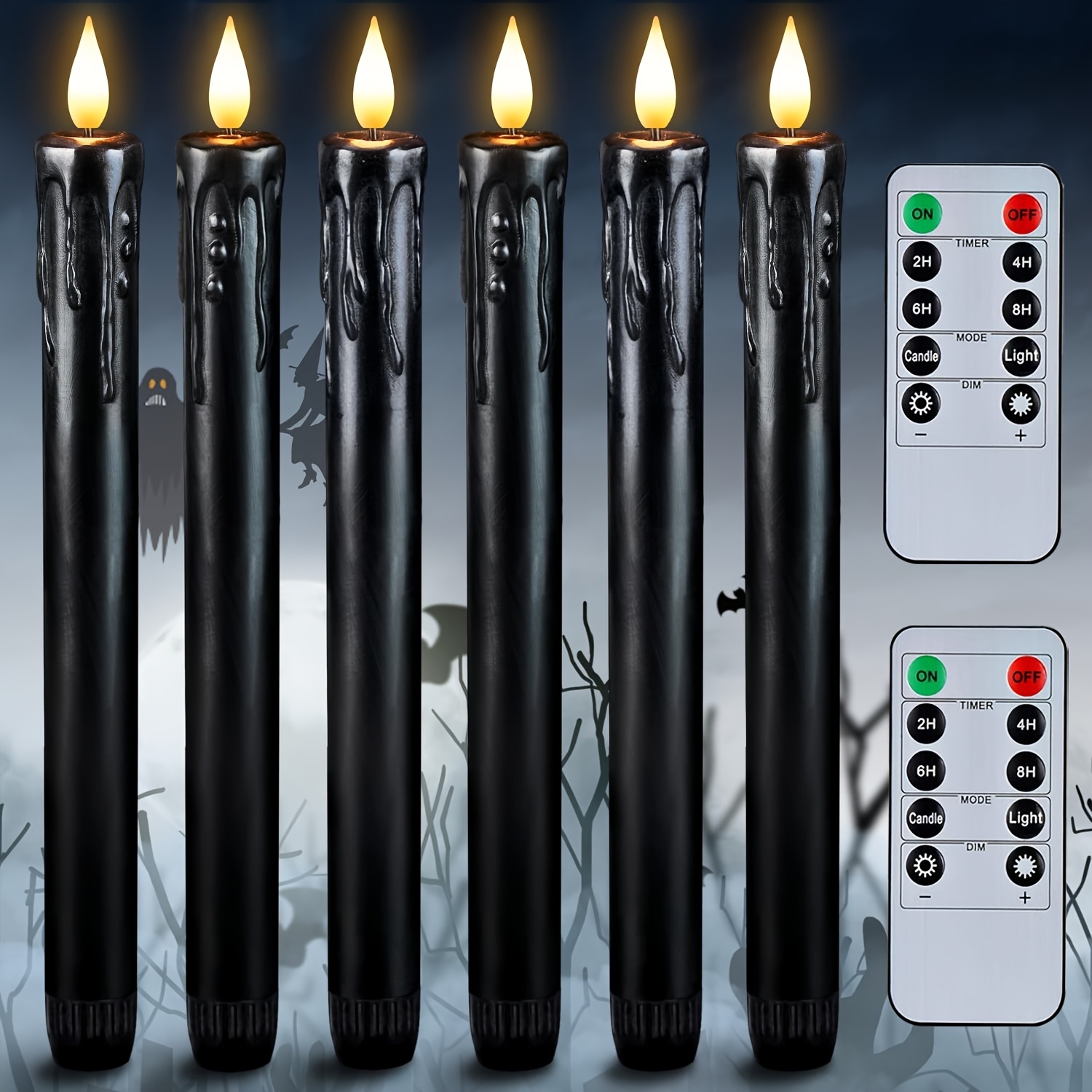TEMU [ Halloween Decorations ] Black Flameless Taper Candles With Remote And Timer, Real Wax Led Taper Candles Battery Operated, Flickering Candle
