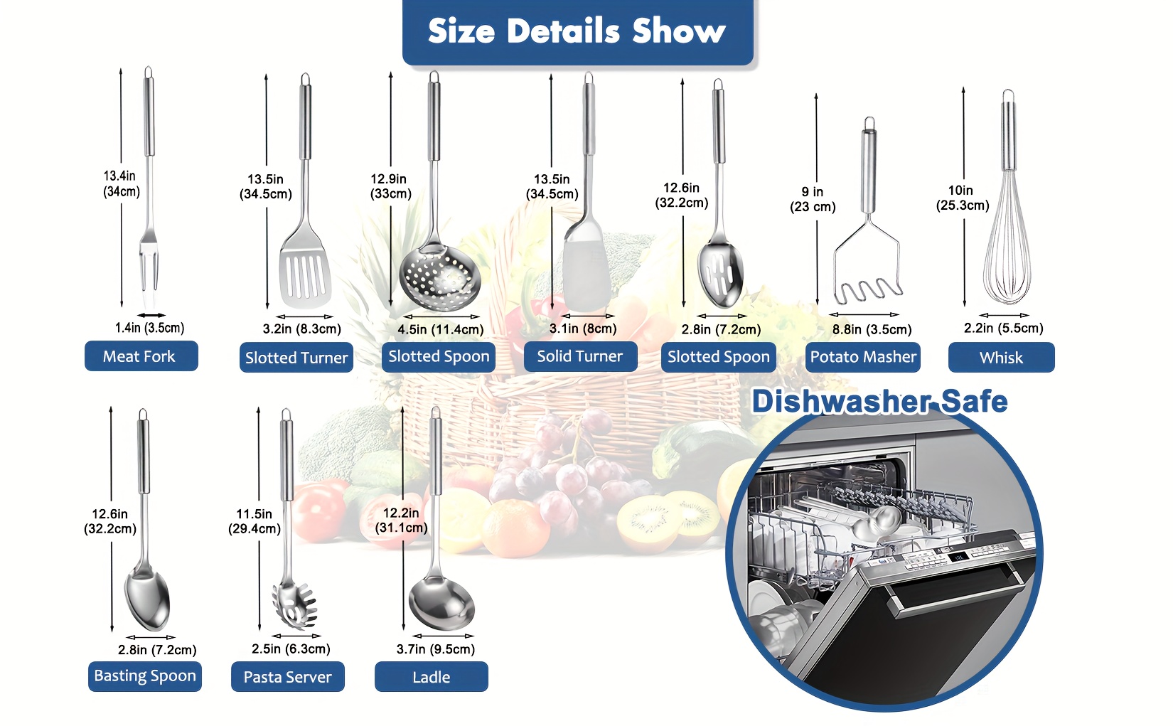 set of 10 stainless steel kitchen tools including heat resistant spatula turners serving spoon ladle skimmer and pasta fork Product details 4