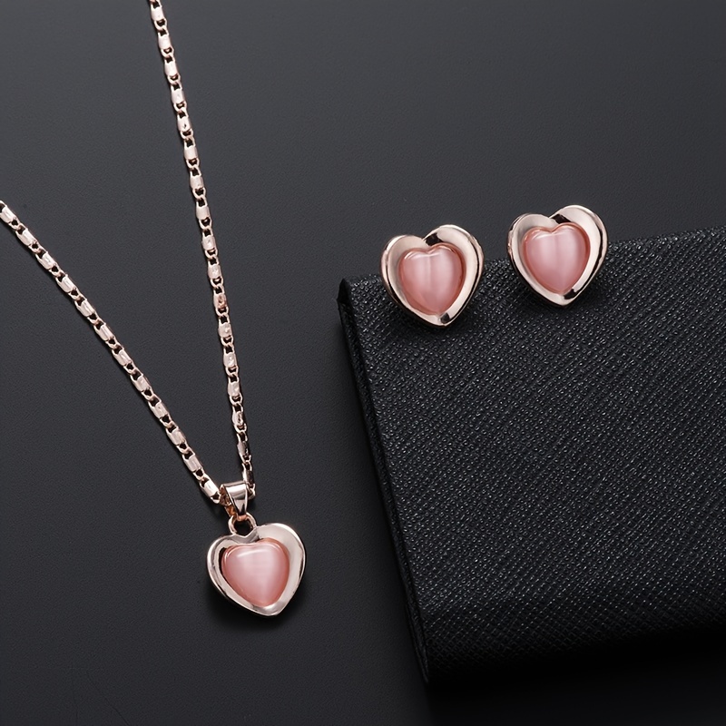 E-shop Kleines herzförmiges, synthetisches Katzenaugen-Anhänger-Halskette-Ohrstecker-Schmuckset, Geburtstags-Feiertags-Party-Accessoire-Geschenk