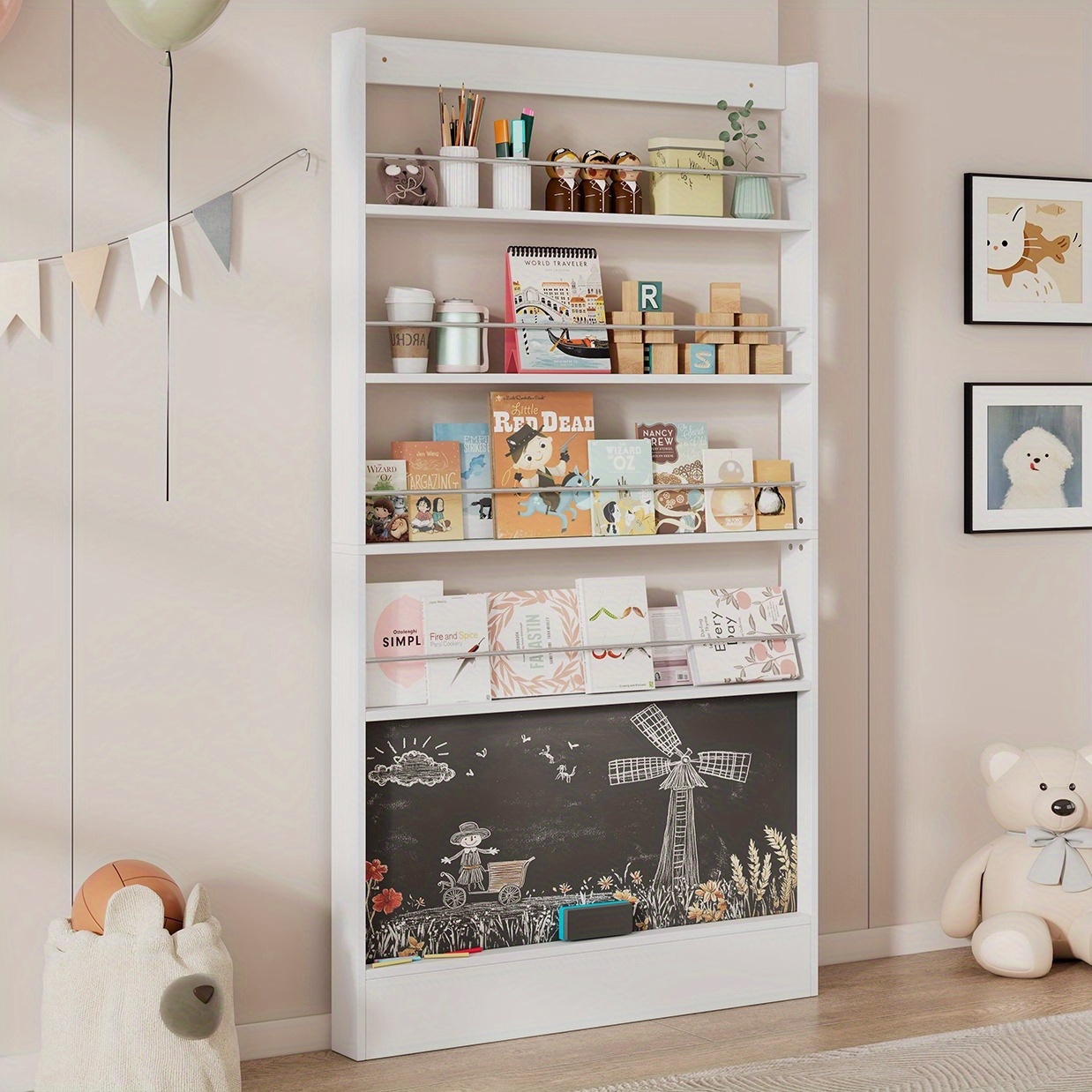 4-tier Bookshelf With Paintable Blackboard - Space- Freestanding Storage Rack, 100x10x180cm, Anti-dumping Design, Easy Assembly