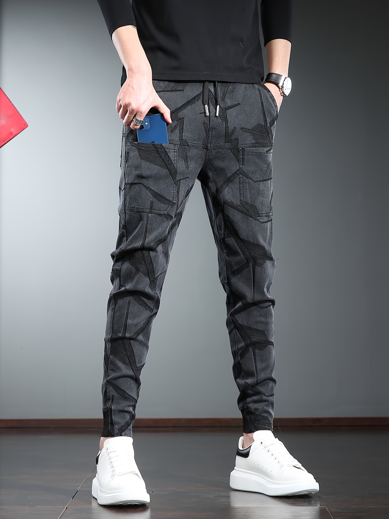 Men'S Multi-Pocket Cargo Pants for All Seasons, Outdoor Print Harem Slim-Fit Cropped Trousers with Elastic, Casual, And Trendy Brand Design for Spring And Autumn (Zhi Yu Zhi - Emperor Continent Tiger)