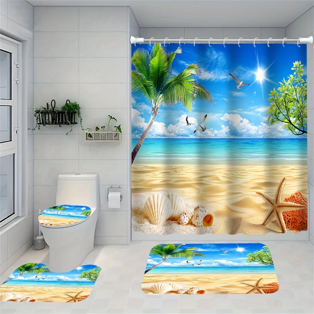 

Summer Beach Scene Shower Curtain Set With Rugs - Waterproof Polyester, Includes 12 Hooks & Toilet Lid Cover, Easy Install, Modern Bathroom Decor, 70.8x70.8in