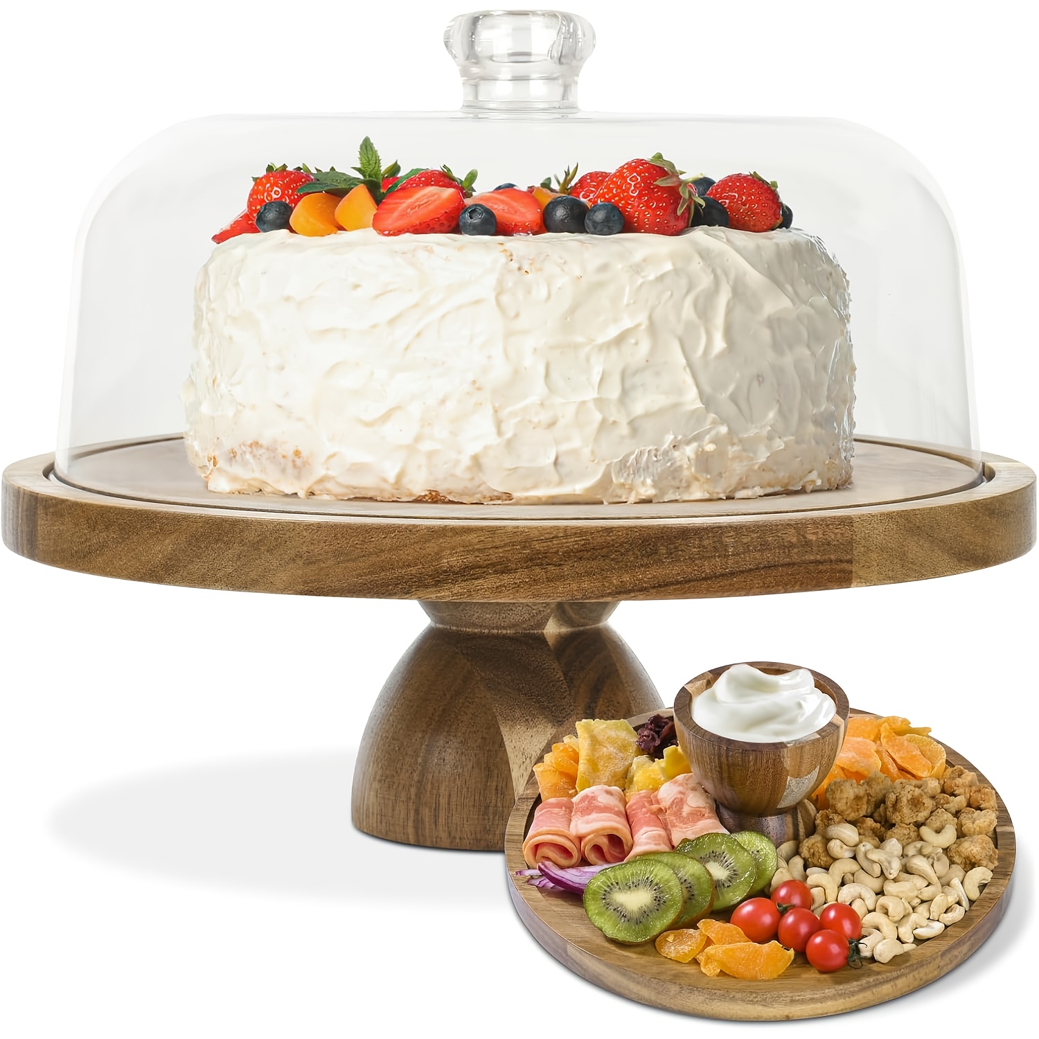 2-in-1 multifunctional cake stand with shatterproof acrylic dome lid - round acacia wood serving set with detachable clear cover, food-safe natural wood dessert display for weddings, parties, home kitchen - fruit bowl, veggie tray, donut stand,   plate - no electricity needed, cake stand with cover, cake stands for displaying table, wooden cake stand, cake decorating supplies, cake holder, party tableware, elegant presentation, durable construction, event planners, 0