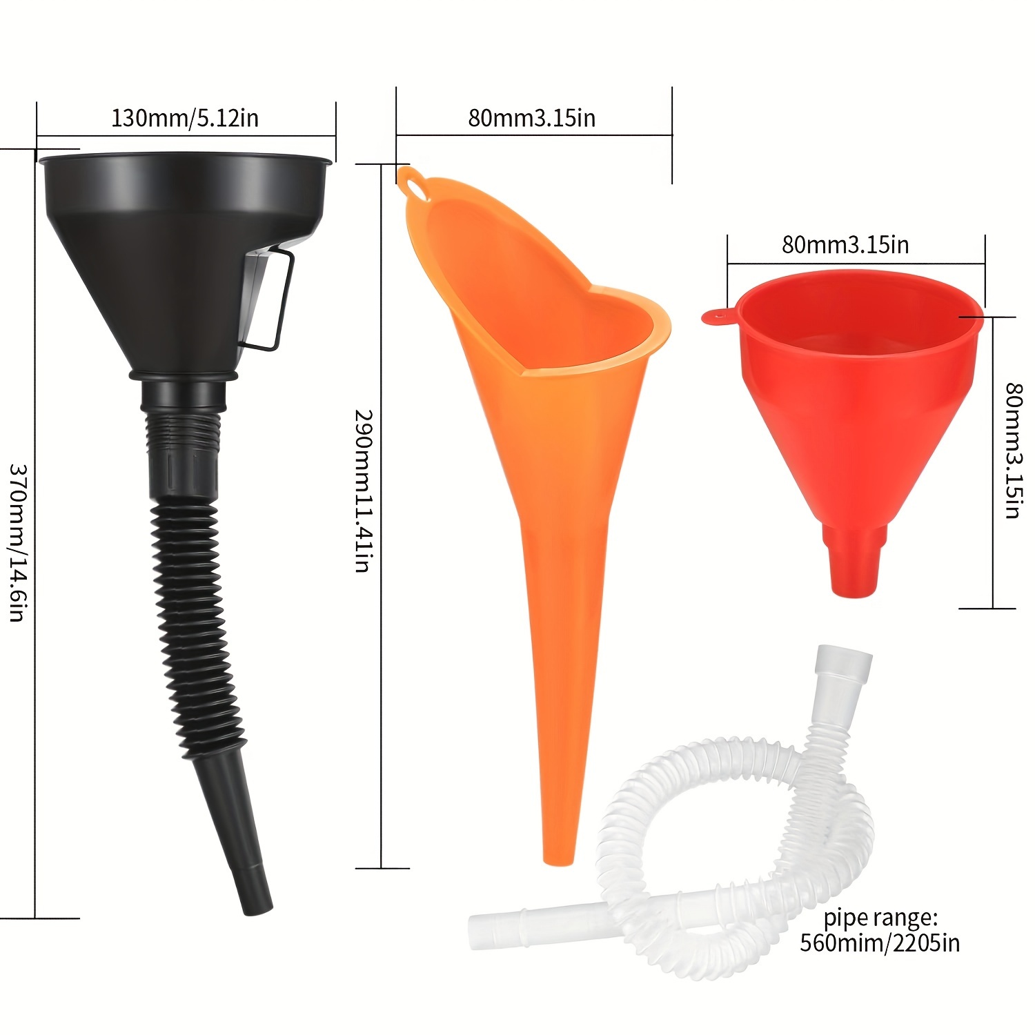 Image of Set Of 3 Multi- Fuel Funnels, Plastic Long-nose Funnels For Oil And Gasoline To And Motorcycles.