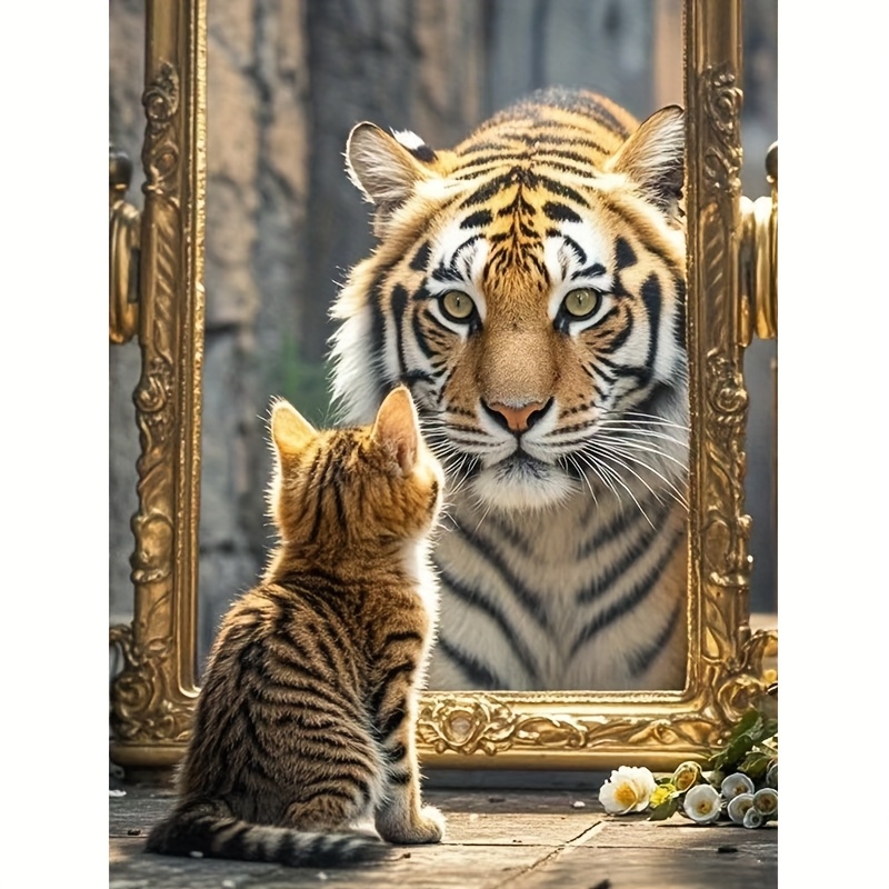 Tiger And Kitten Theme 5d Diamond Painting Kit Gift Birthday Present Set Round Drill Round Acrylic Diamond Set Art Craft Suitable For Living Room Office Wall Decoration