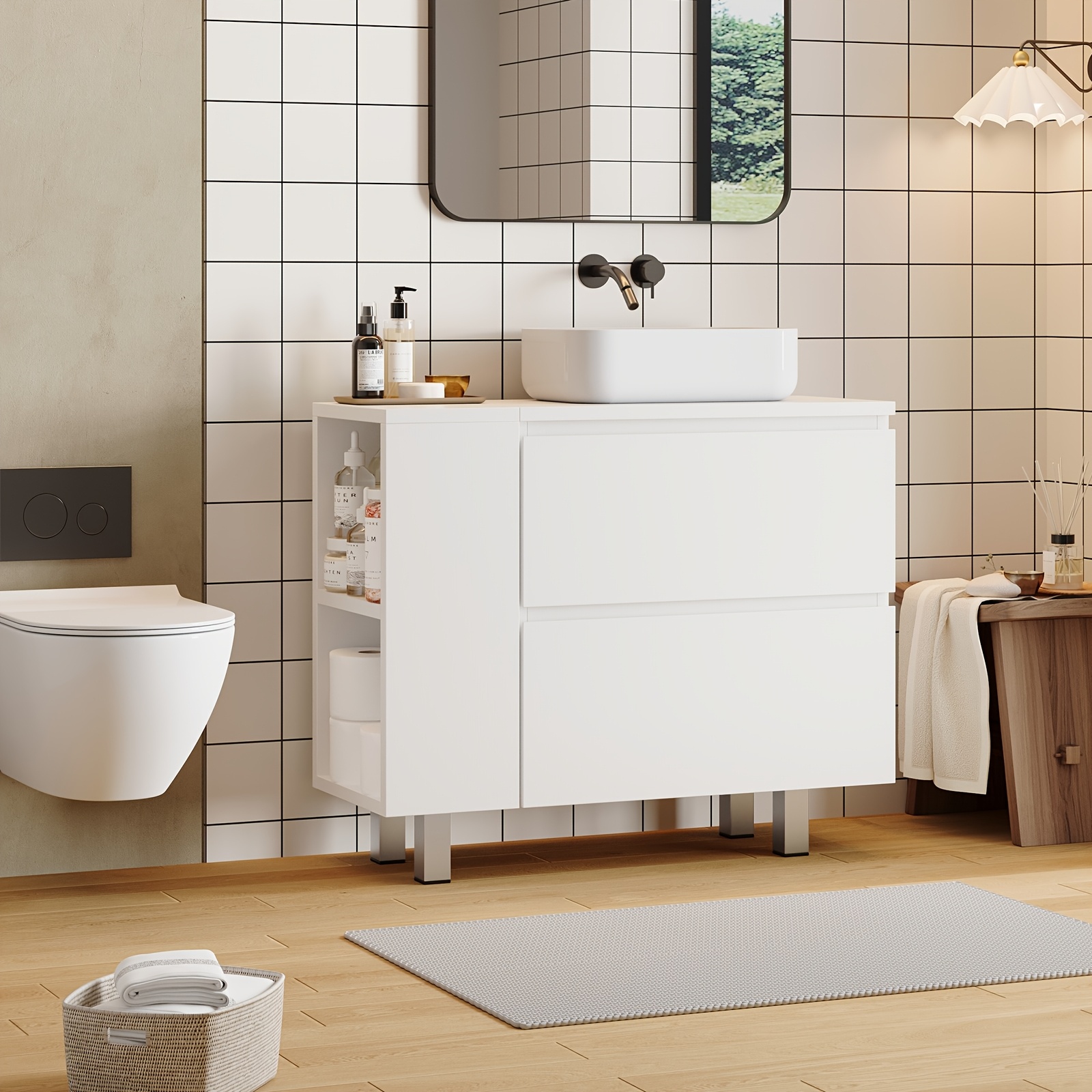 Image of Sink Cabinet, Bathroom Cabinet With 2 Large Drawers, Transformable Cabinet, Adjustable Shelf, Of Storage Space, 80 * 30 * 66cm, White