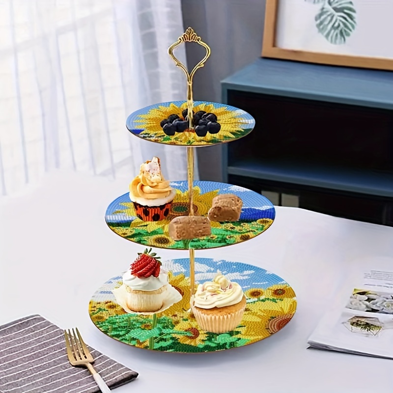 

Sun Flower Pattern Diamond Art Painting Kit Dessert Snack Holder, 3 Layer Cupcake Dessert Holder, Diamond Art Tray For Birthday Party, Dining Table Decor