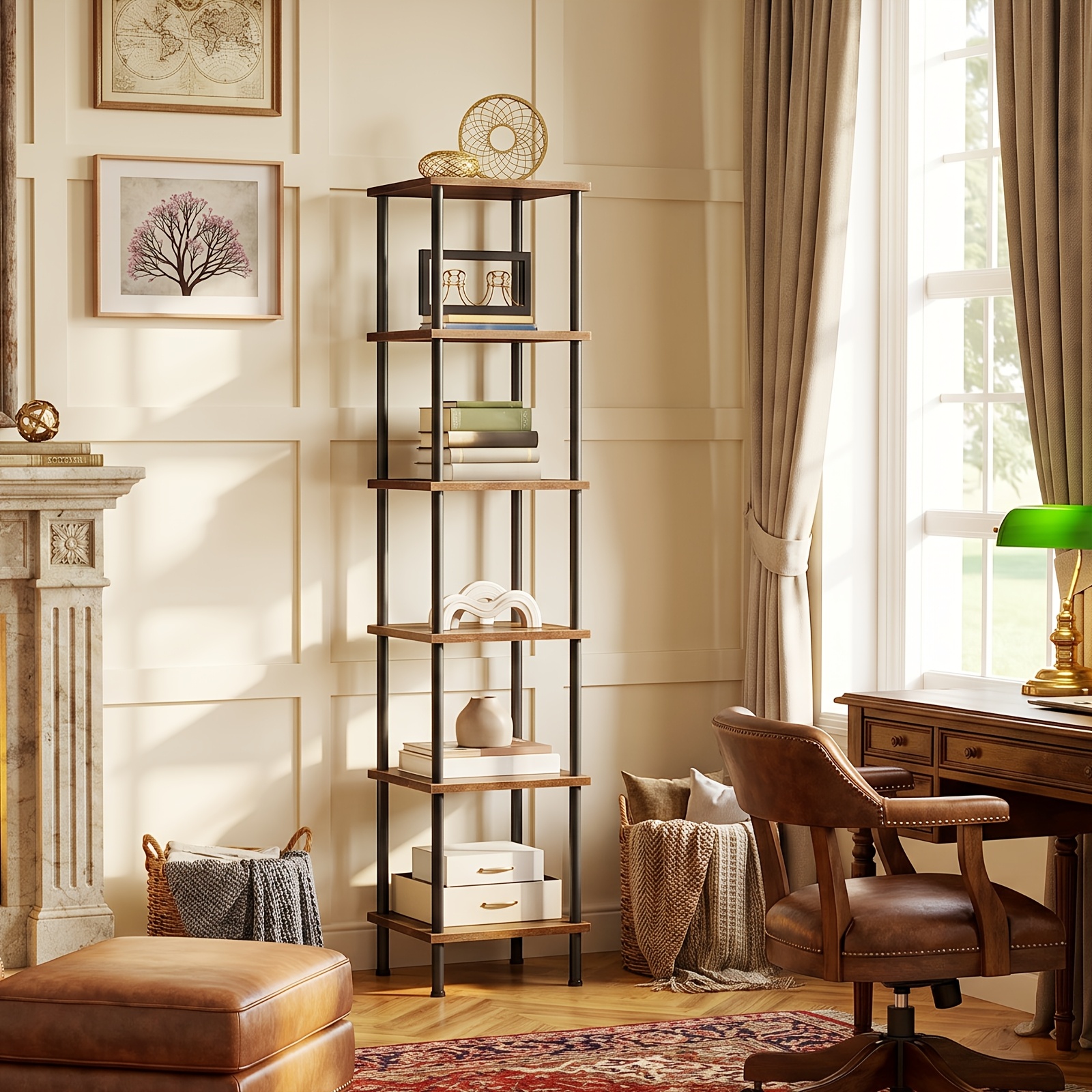 Image of Shelf, Bookcase With 6 Levels, Narrow Corner Shelf, Standing Shelf, Industrial Shelf, Storage Shelf, Office Shelf, Open Shelves For Living Room, Bedroom, Balcony, Kitchen