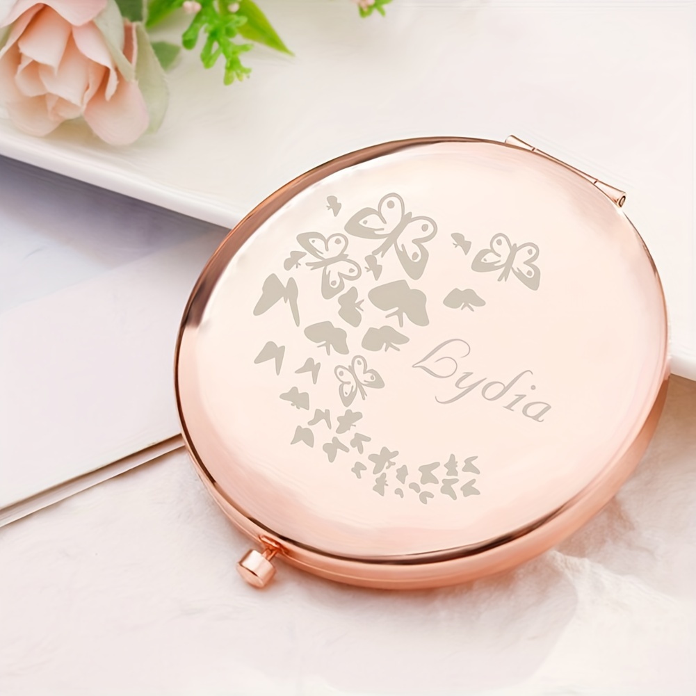 TEMU 1pc Personalized Compact Mirror – Custom Name "lydia" Engraved Metal Pocket Makeup Mirror With Floral & Design, Perfect Gift For Sisters, ,